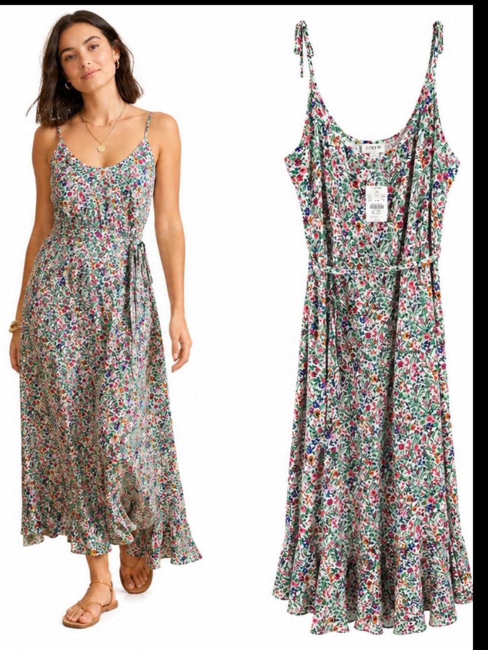 NWT J.Crew Ditsy Floral Maxi Dress Adjustable Strap Ruffle Hem -Tie- Women’s 14